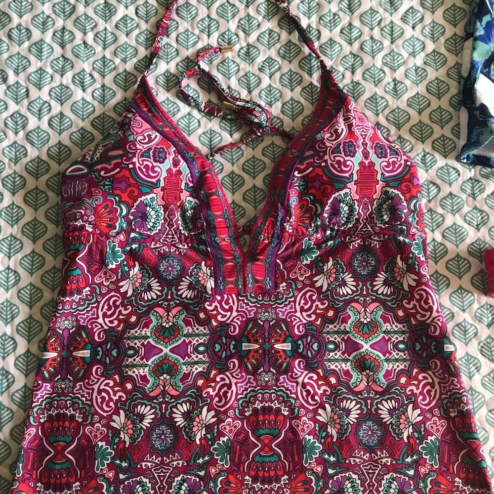 Laundry By Shelli Segal Pink & Teal Patterned Halter Swim Tankini Top
